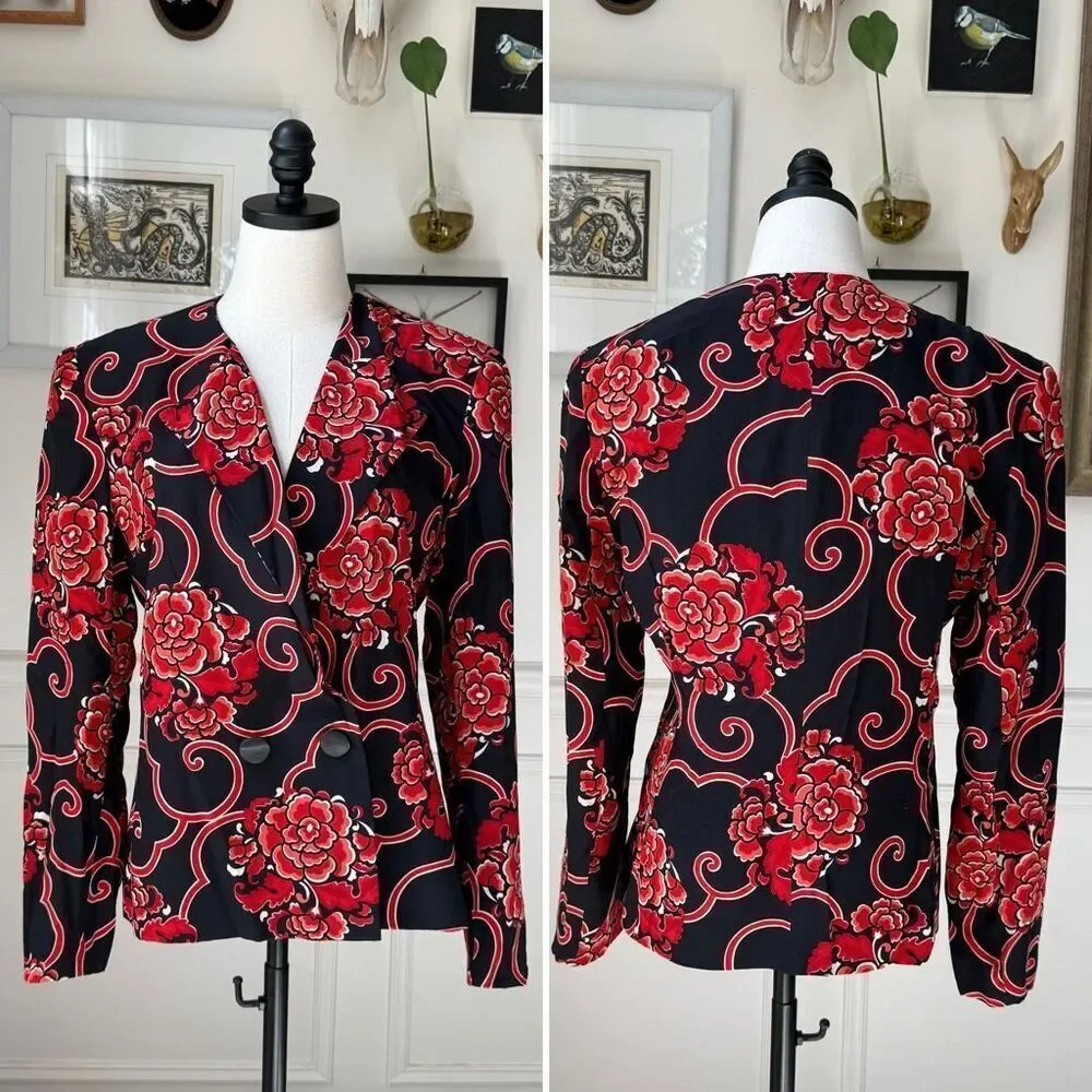 Vintage 80s Gloria Sachs Bergdorf Goodman Silk Red Floral Blazer 8